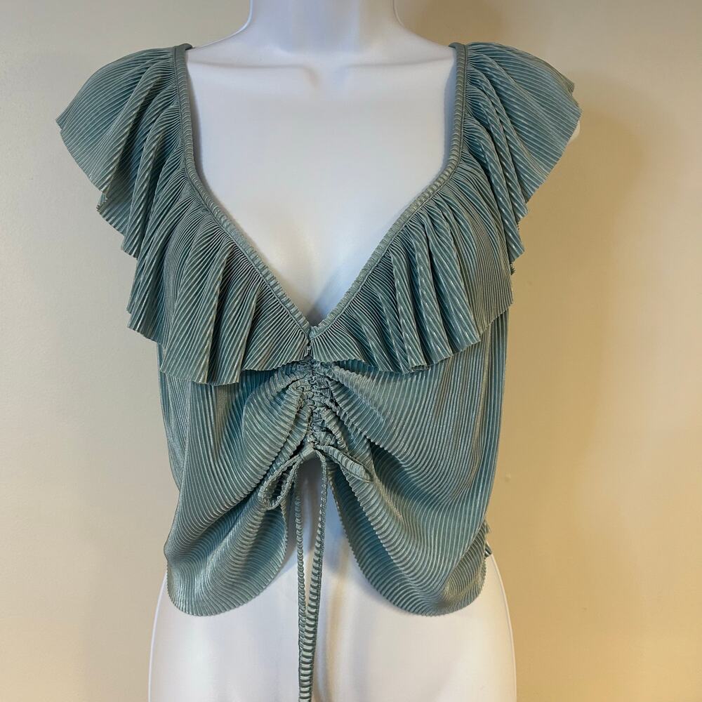 ZARA Sz L Womens Mint Green Crop Flutter Sleeveless Ribbed Ruched Tie Feminine